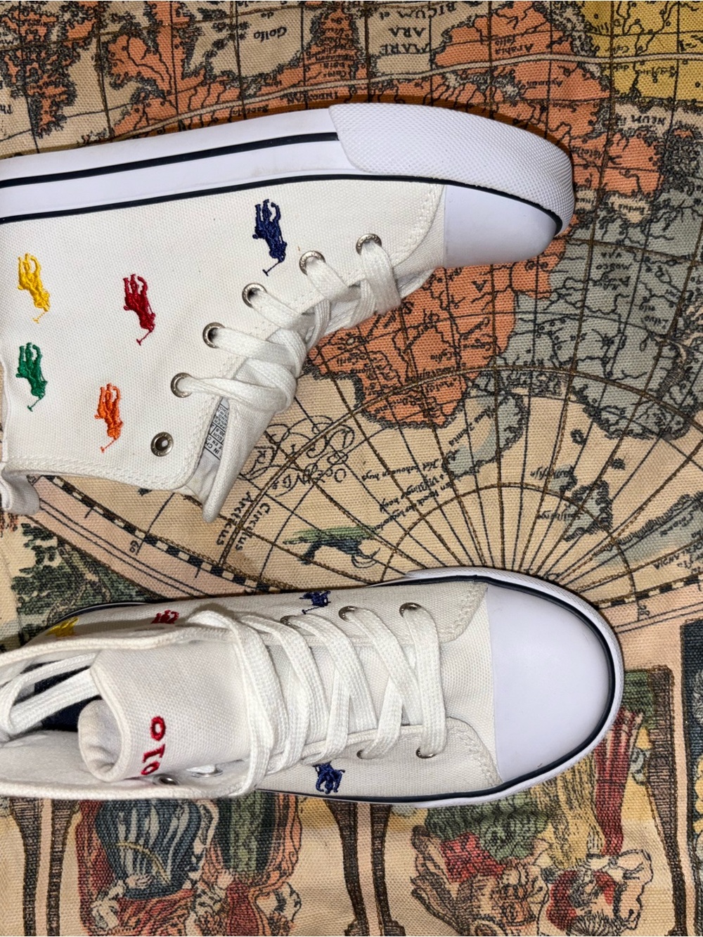 Polo by Ralph Lauren White High-Top Sneakers with Multicolor Pony Embroidery